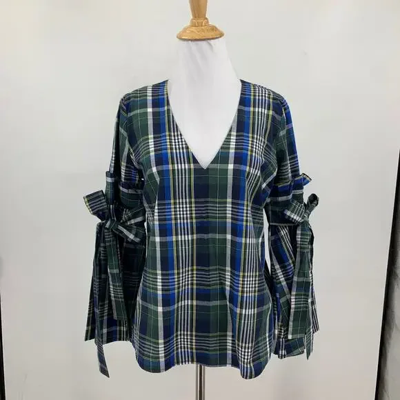 Gianni Bini Top Womens XS Extra Small Blue Tartan Plaid Serena Tie Bell Sleeves - Picture 2 of 11